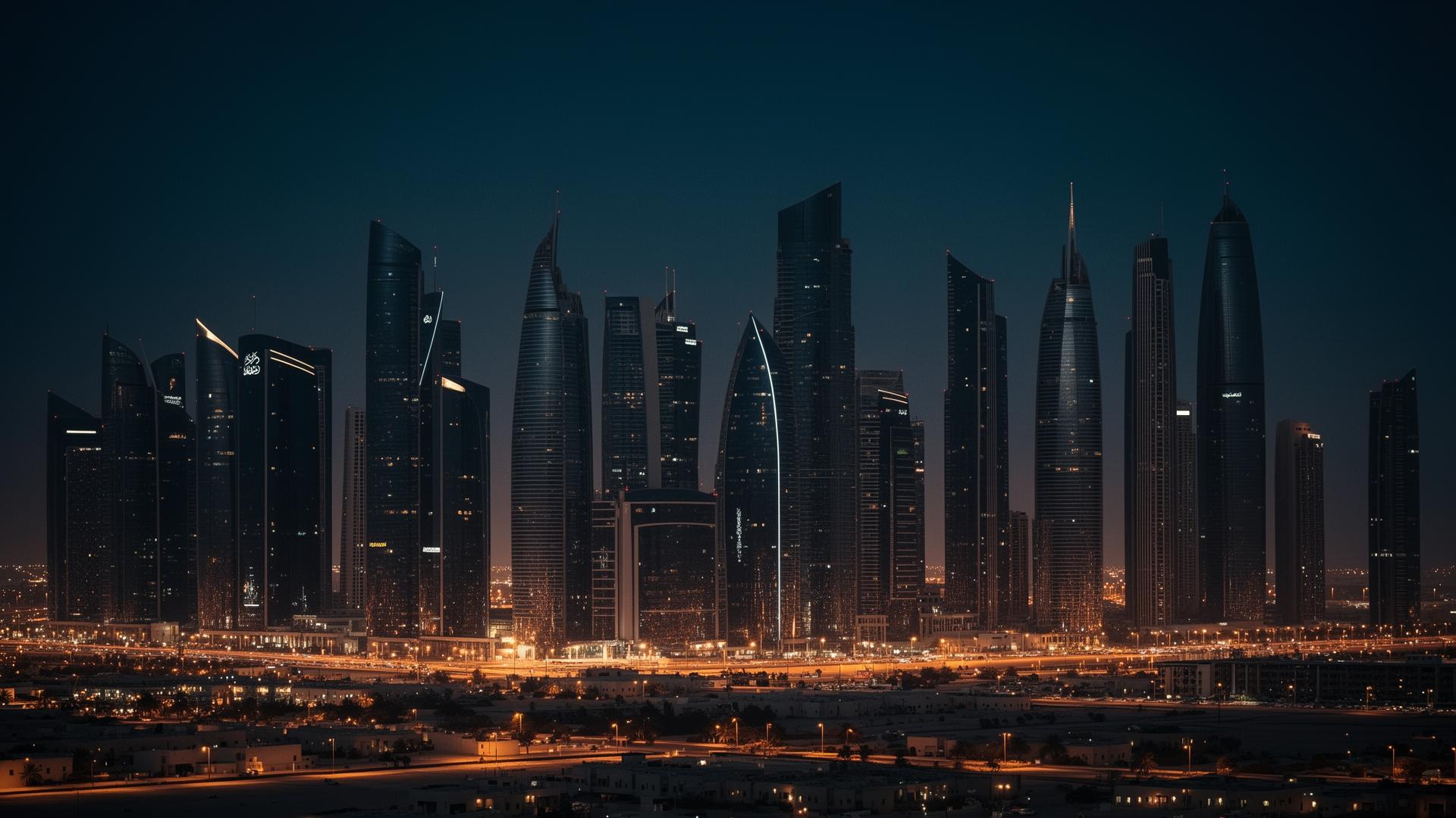 Modern Saudi Arabian skyline at dusk with illuminated skyscrapers
